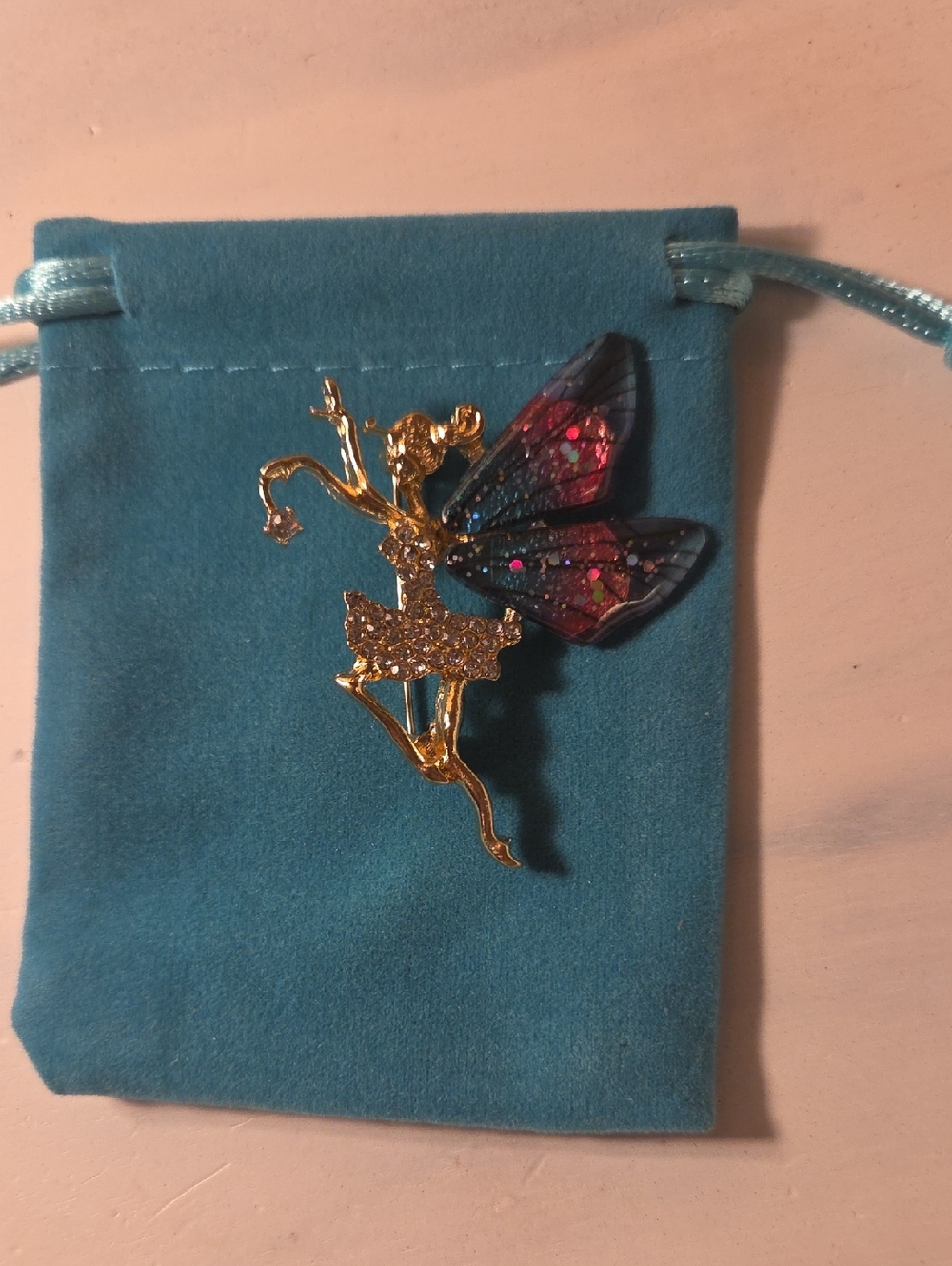 Gold Fairy Brooch with Pink and Blue Glitter Wings